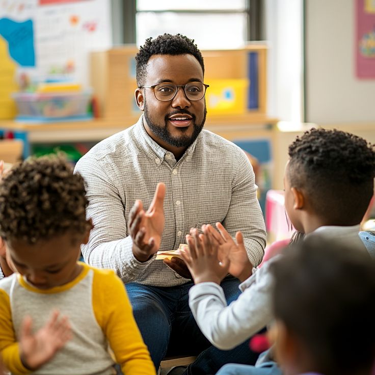 a teacher teaching a class of young students